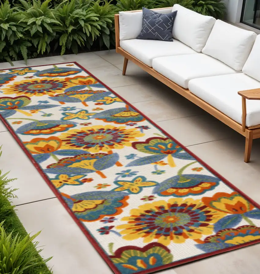 8' Yellow And Red Indoor Outdoor Runner Rug Photo 2