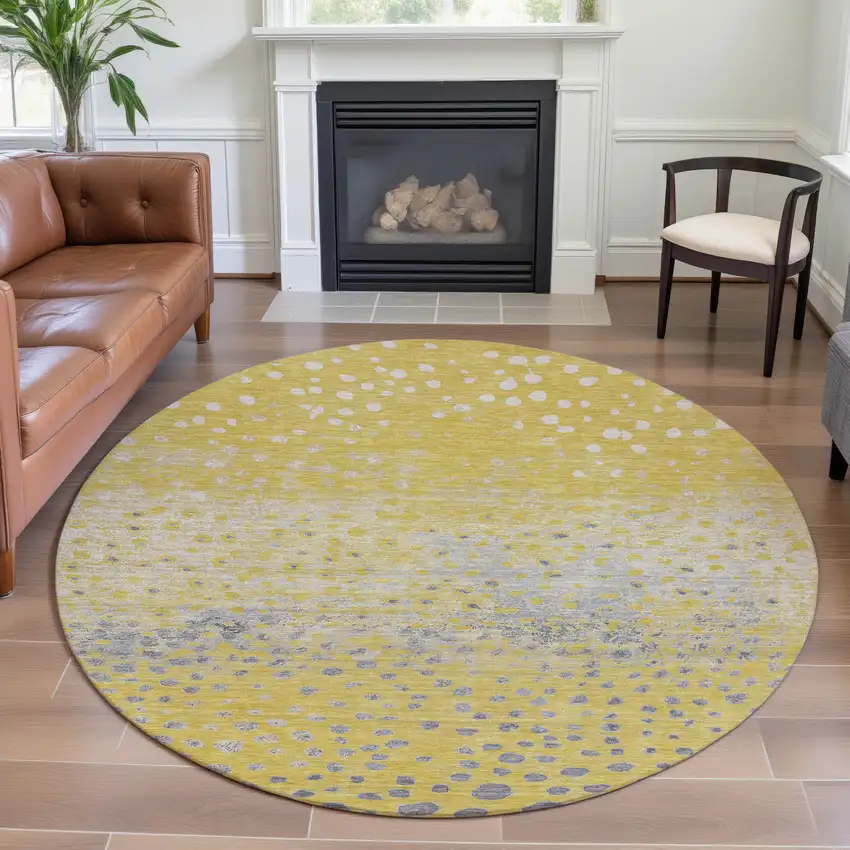 8' X 8' Yellow Gray And Ivory Polka Dot Washable Round Rug With UV Protection Photo 4