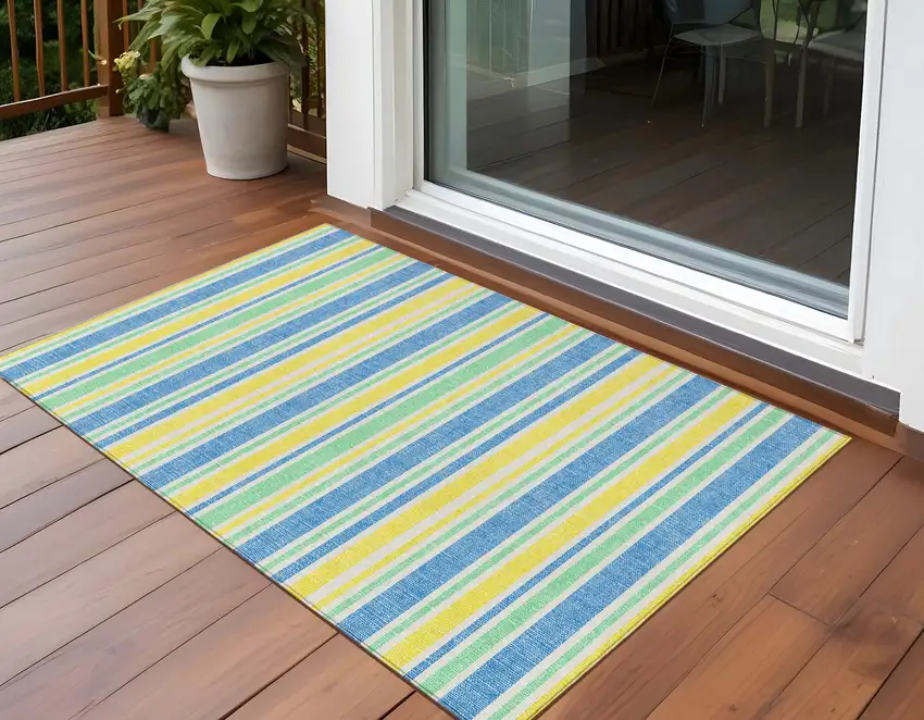 3' X 4' Yellow Striped Washable Non Skid Indoor Outdoor Area Rug Photo 1