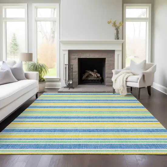 Blue Yellow and Green Striped Washable Non Skid Indoor Outdoor Area Rug Photo 9