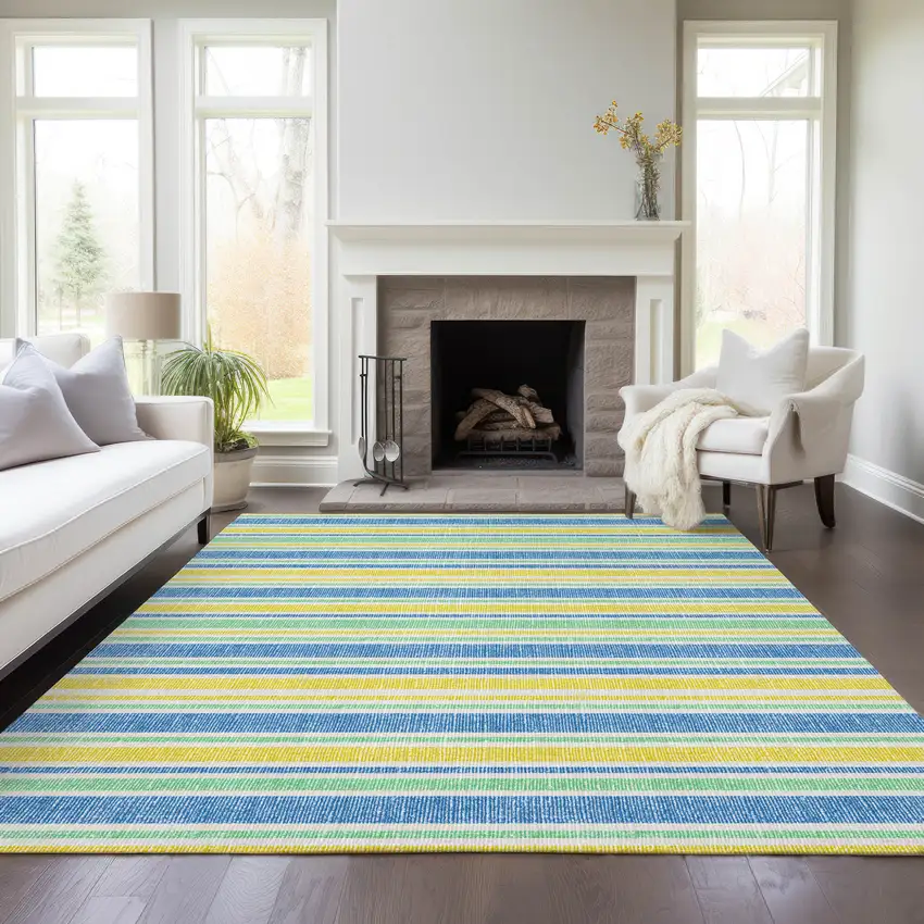 Blue Yellow and Green Striped Washable Non Skid Indoor Outdoor Area Rug Photo 9