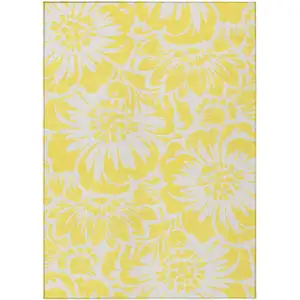 Photo of 3' X 4' Yellow and Ivory Floral Washable Non Skid Indoor Outdoor Area Rug