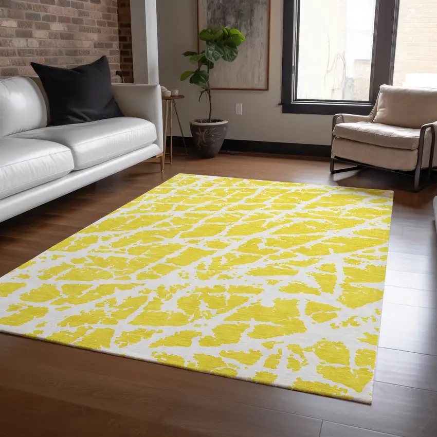 Yellow and White Abstract Washable Non Skid Indoor Outdoor Area Rug Photo 9