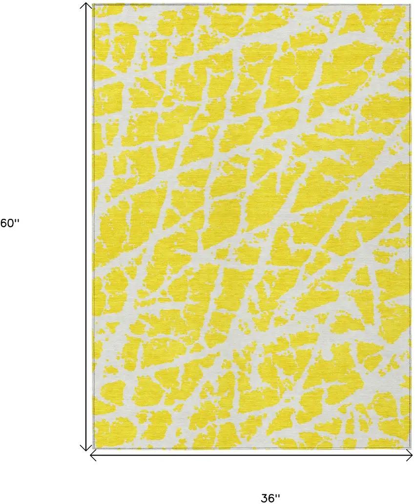 3' X 5' Yellow and White Abstract Washable Non Skid Indoor Outdoor Area Rug Photo 3