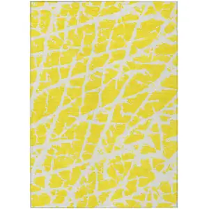 Photo of 3' X 5' Yellow and White Abstract Washable Non Skid Indoor Outdoor Area Rug