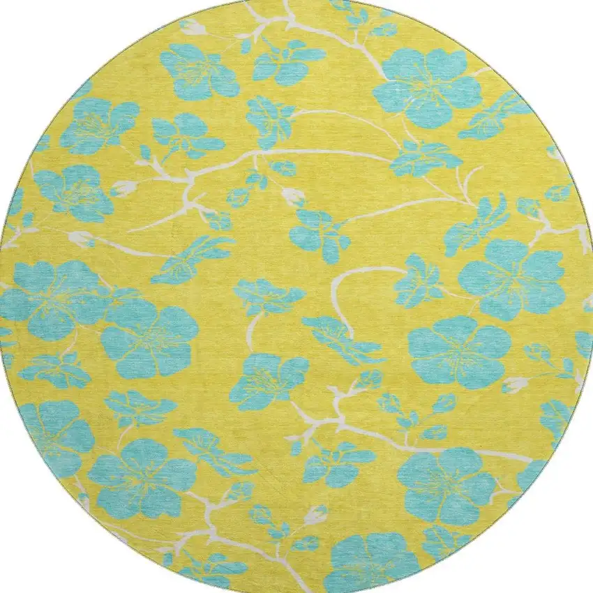 8' Yellow And Aqua Floral Washable Round Rug With UV Protection Photo 2