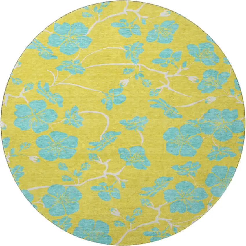 8' Yellow And Aqua Floral Washable Round Rug With UV Protection Photo 3