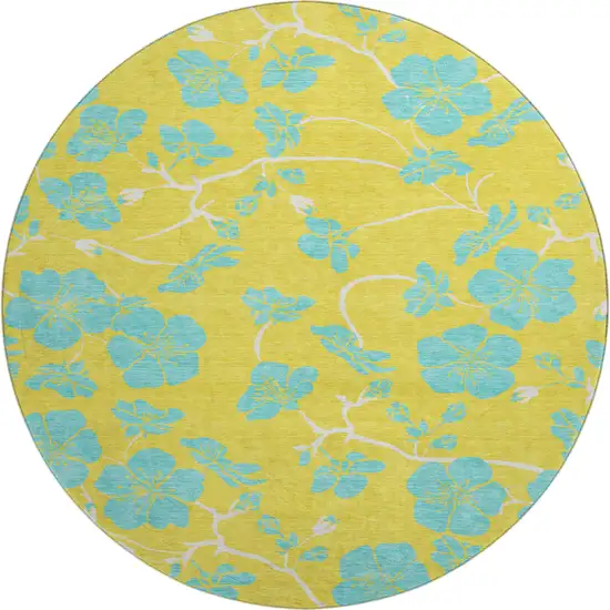 8' Yellow And Aqua Floral Washable Round Rug With UV Protection Photo 1