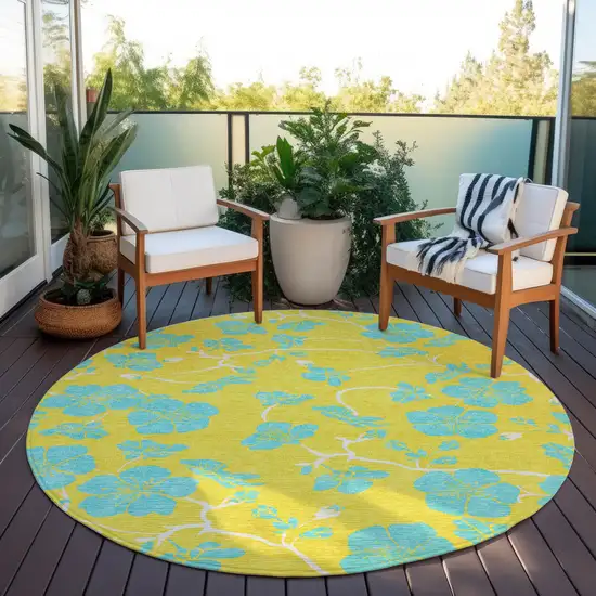 8' Yellow And Aqua Round Floral Washable Indoor Outdoor Area Rug Photo 7