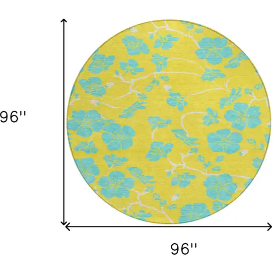 8' Yellow And Aqua Round Floral Washable Indoor Outdoor Area Rug Photo 3