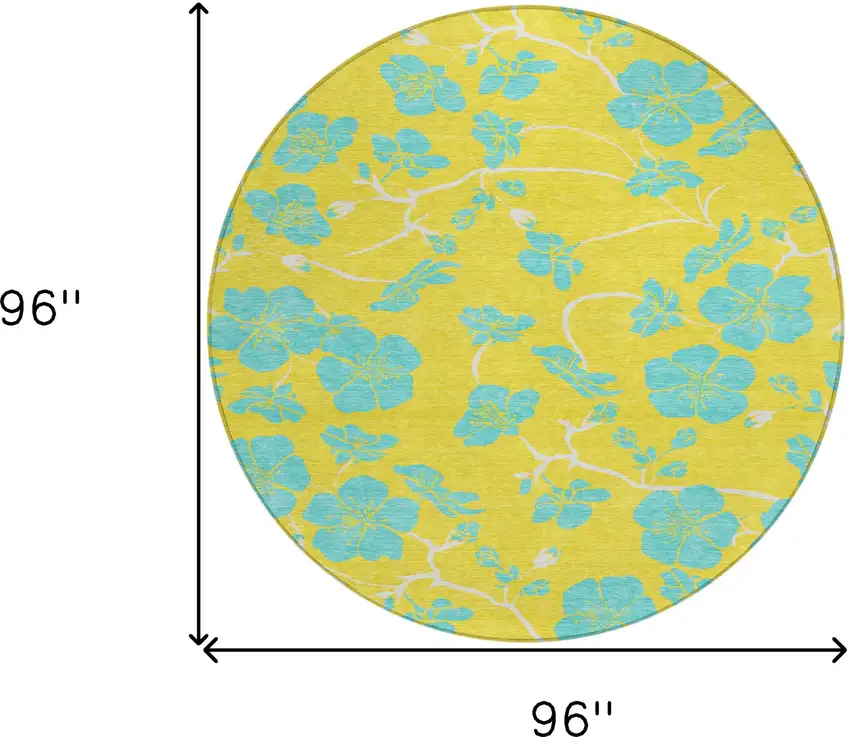 8' Yellow And Aqua Round Floral Washable Indoor Outdoor Area Rug Photo 3
