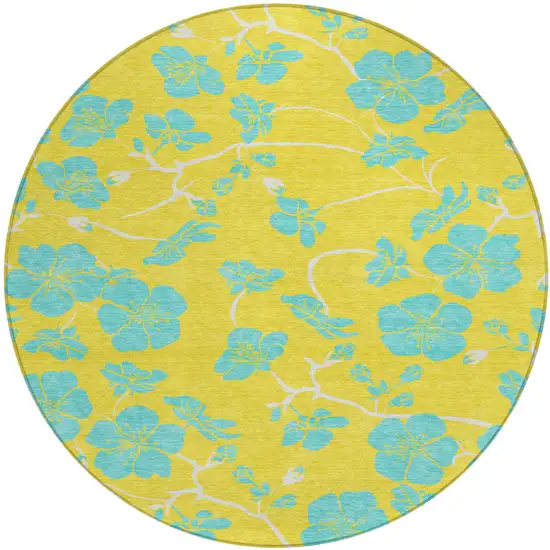8' Yellow And Aqua Round Floral Washable Indoor Outdoor Area Rug Photo 2