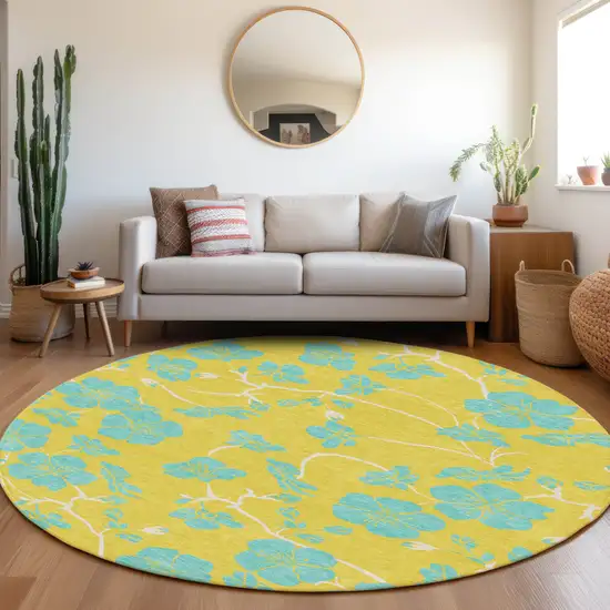 8' Yellow And Aqua Round Floral Washable Indoor Outdoor Area Rug Photo 8