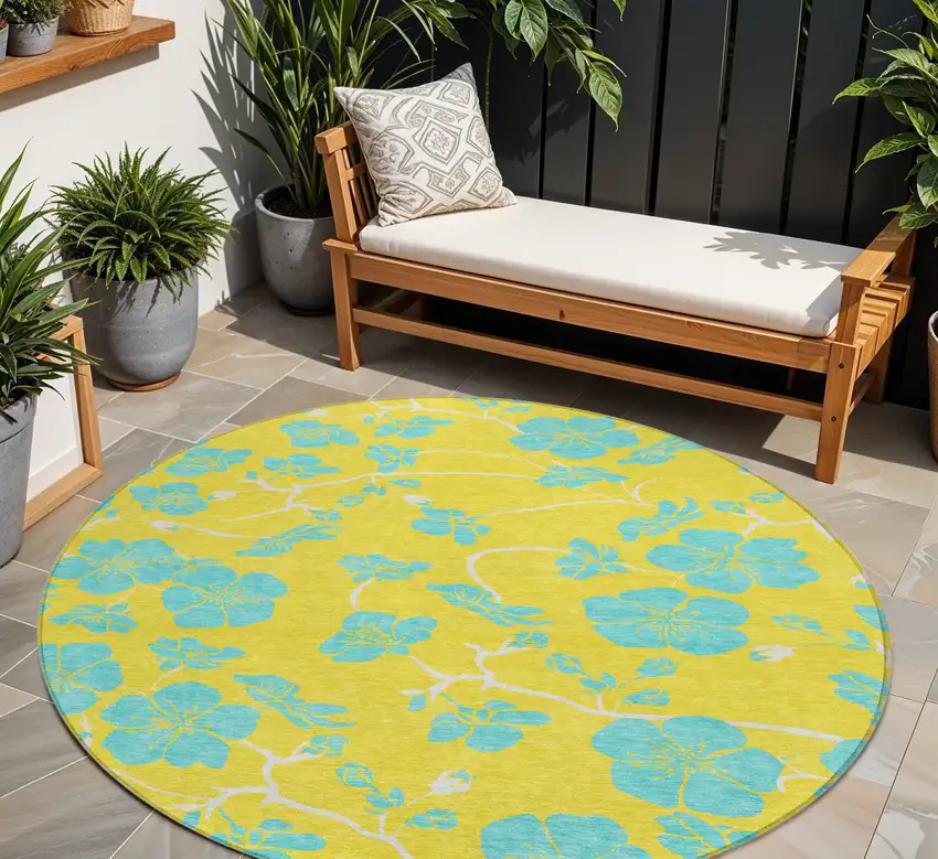 8' Yellow And Aqua Round Floral Washable Indoor Outdoor Area Rug Photo 1