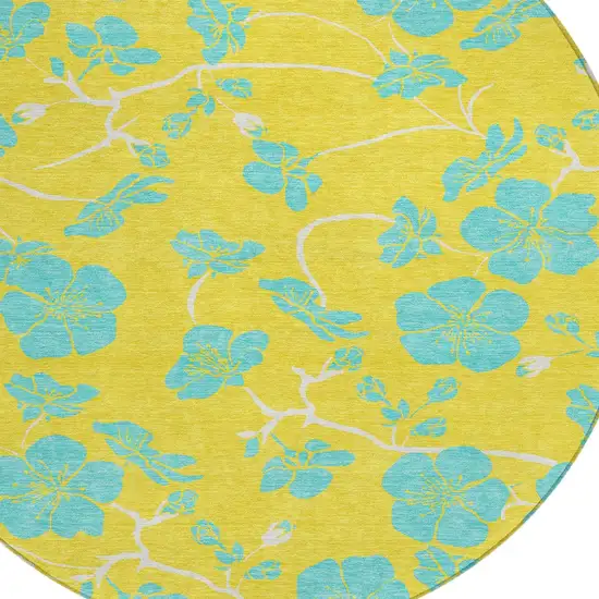 8' Yellow And Aqua Round Floral Washable Indoor Outdoor Area Rug Photo 5