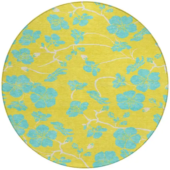 8' Yellow And Aqua Round Floral Washable Indoor Outdoor Area Rug Photo 6