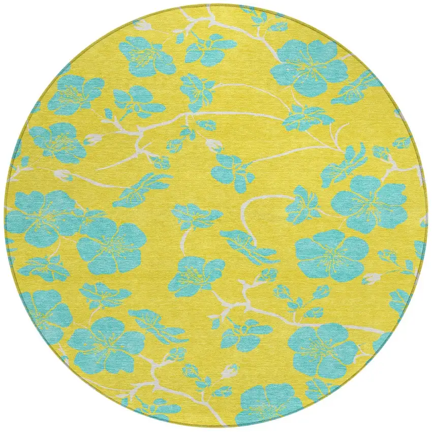8' Yellow And Aqua Round Floral Washable Indoor Outdoor Area Rug Photo 6