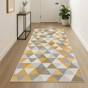 Photo of 18' Yellow And Beige Abstract Runner Rug