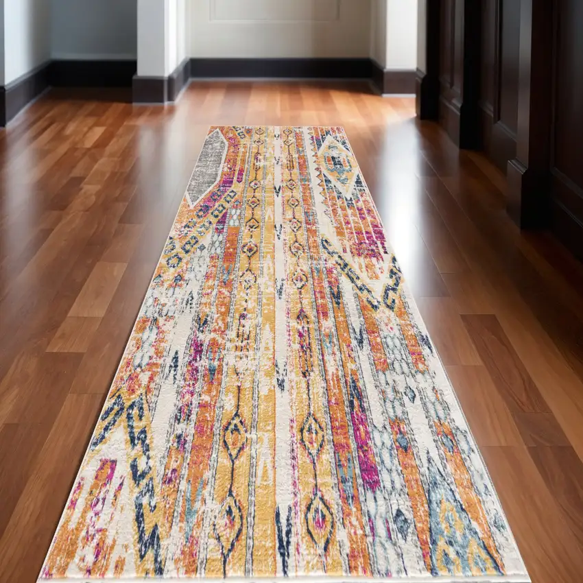 12' Yellow And Beige Abstract Runner Rug Photo 2