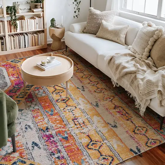 12' Yellow And Beige Abstract Runner Rug Photo 5