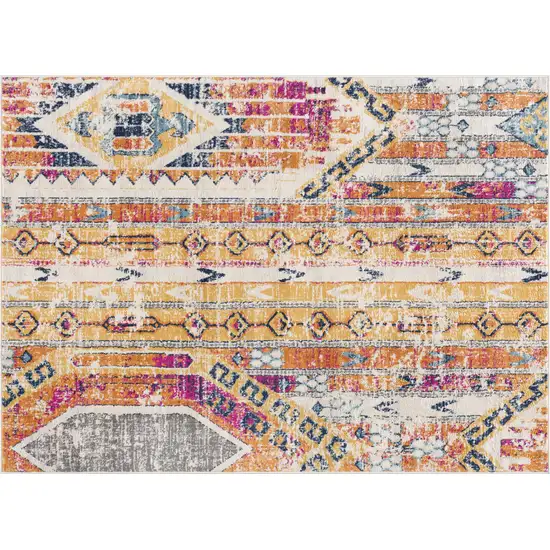 12' Yellow And Beige Abstract Runner Rug Photo 9