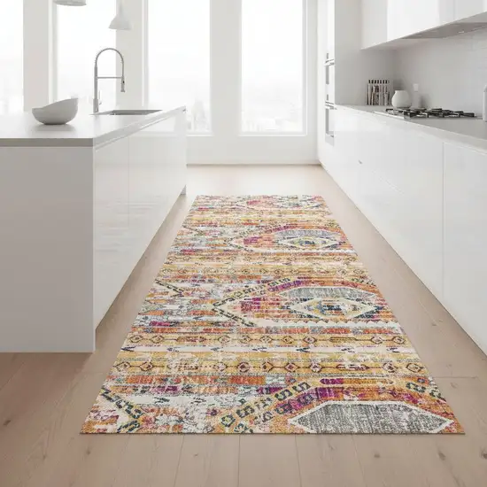 9' Yellow And Beige Abstract Runner Rug Photo 1