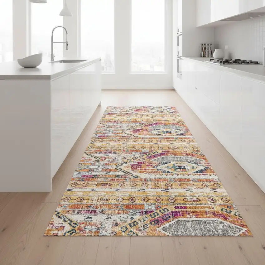 9' Yellow And Beige Abstract Runner Rug Photo 1