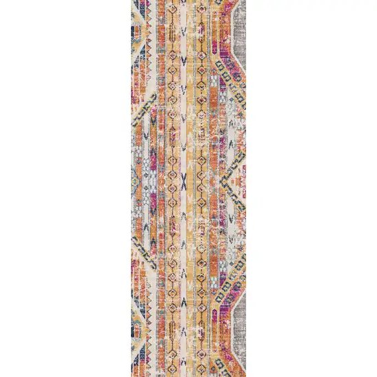 7' Yellow And Beige Abstract Runner Rug Photo 2