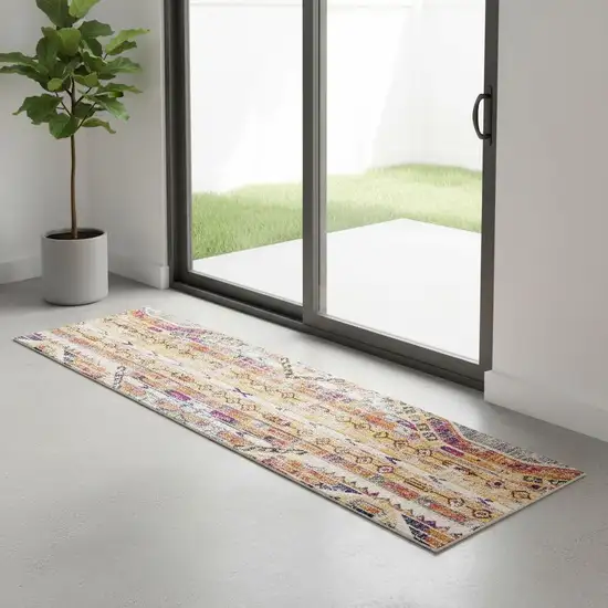 7' Yellow And Beige Abstract Runner Rug Photo 1