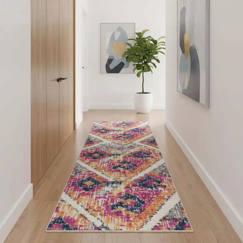 16' Yellow And Beige Abstract Runner Rug Photo 1