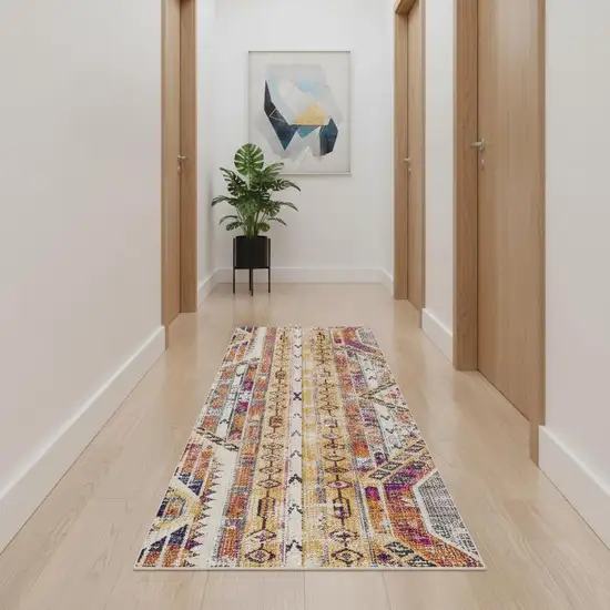 14' Yellow And Beige Abstract Runner Rug Photo 1