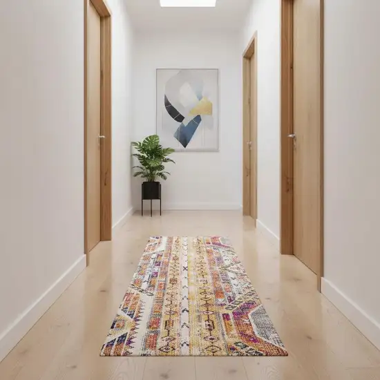 11' Yellow And Beige Abstract Runner Rug Photo 1