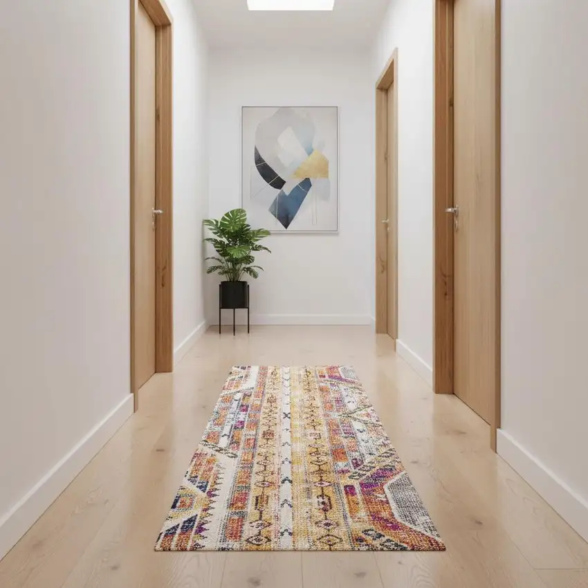 11' Yellow And Beige Abstract Runner Rug Photo 1