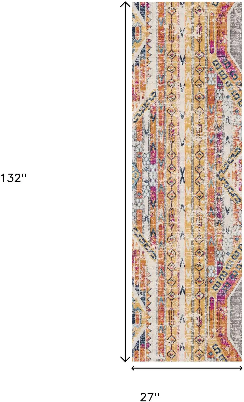 11' Yellow And Beige Abstract Runner Rug Photo 8