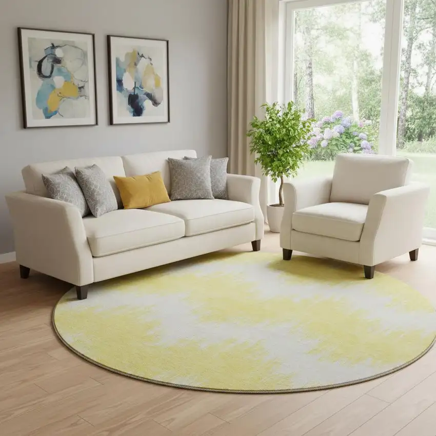 8' Yellow And Beige Chevron Washable Round Rug With UV Protection Photo 1