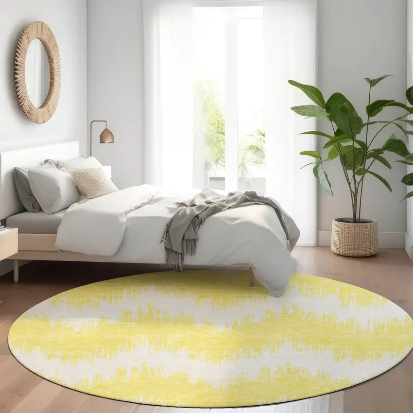 8' Yellow And Beige Chevron Washable Round Rug With UV Protection Photo 5