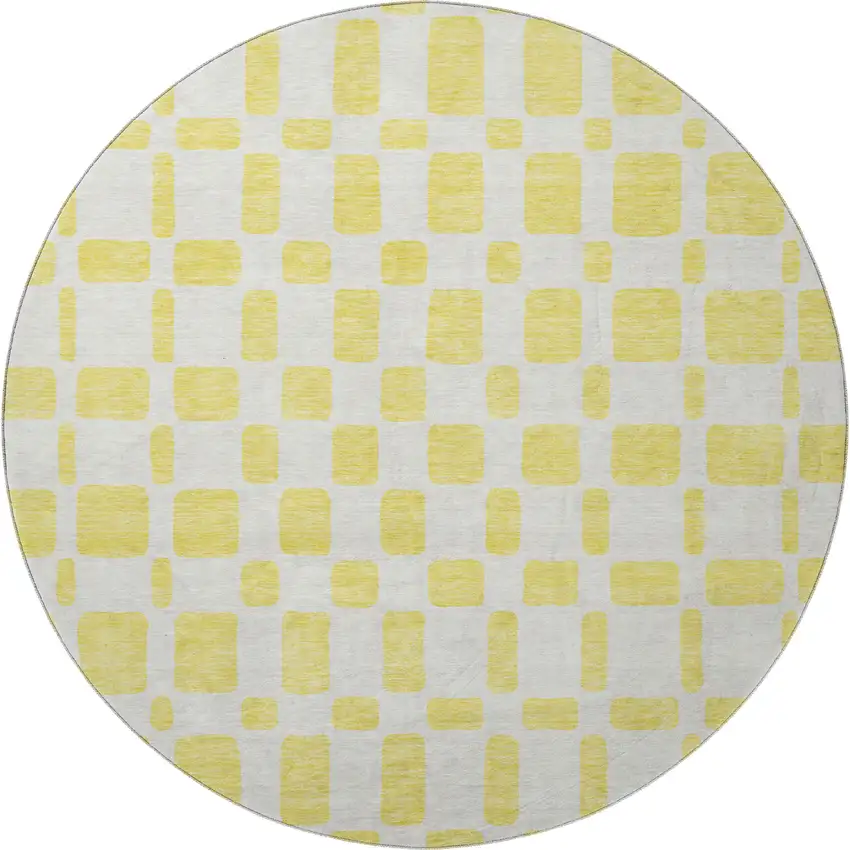 8' Yellow And Beige Geometric Washable Round Rug With UV Protection Photo 3