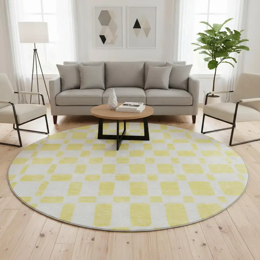 8' Yellow And Beige Geometric Washable Round Rug With UV Protection Photo 2