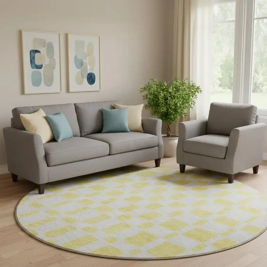 8' Yellow And Beige Geometric Washable Round Rug With UV Protection Photo 1