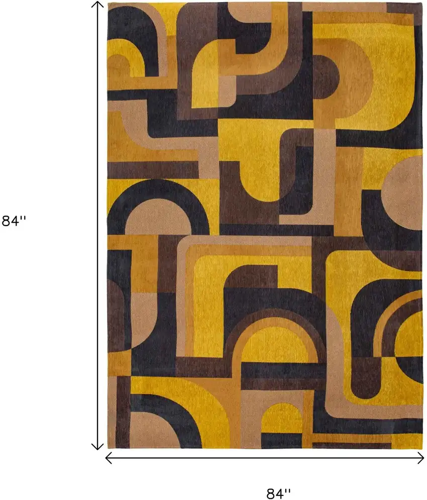 8' Yellow And Black Geometric Washable Round Rug Photo 9