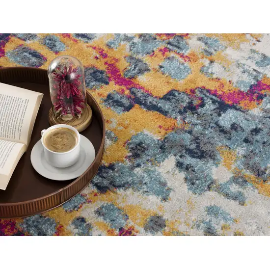 12' Yellow And Blue Abstract Runner Rug Photo 6