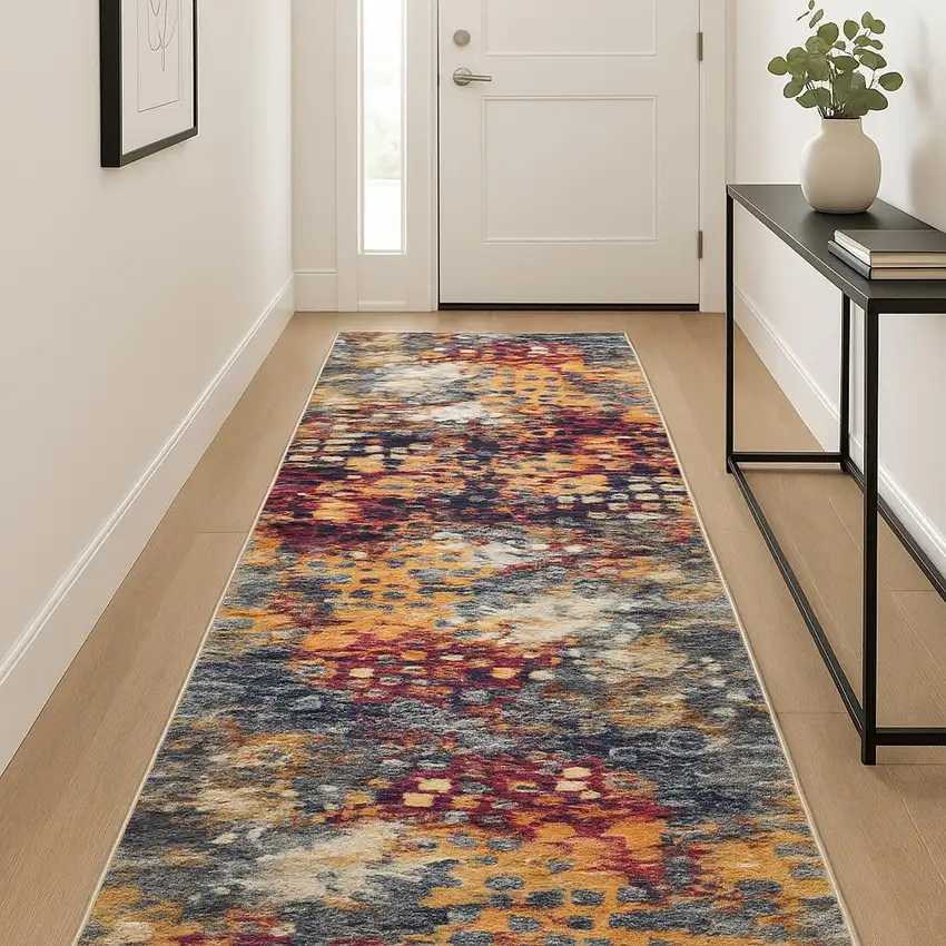 12' Yellow And Blue Abstract Runner Rug Photo 2