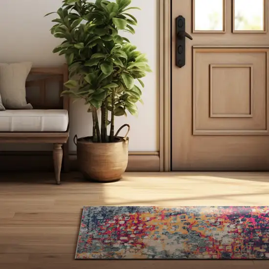 9' Yellow And Blue Abstract Runner Rug Photo 5