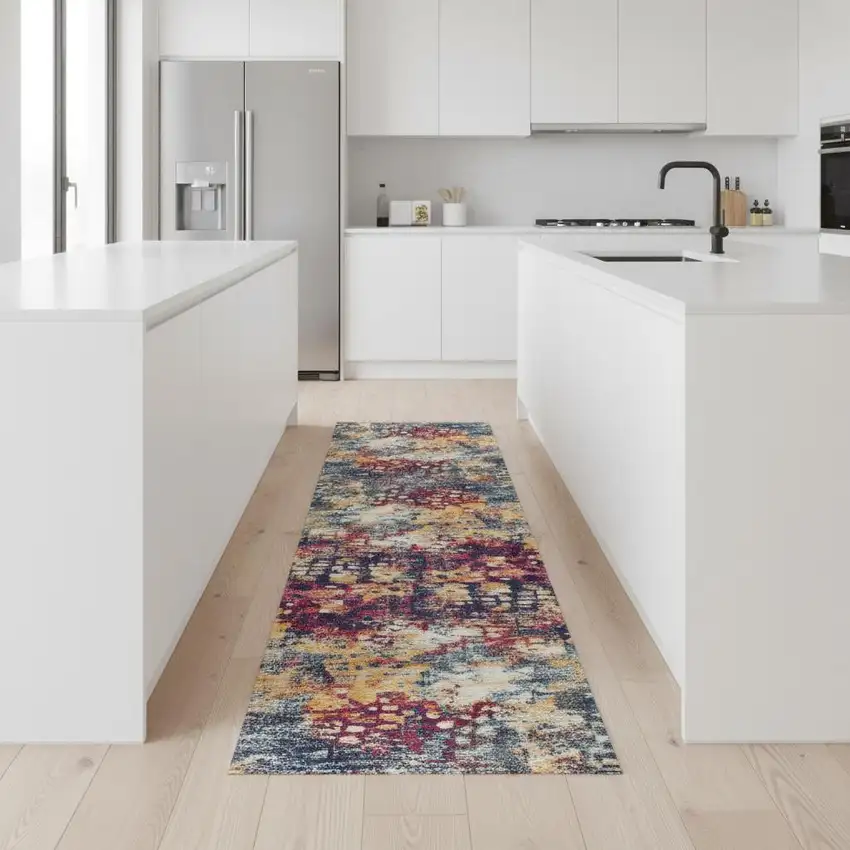 9' Yellow And Blue Abstract Runner Rug Photo 1