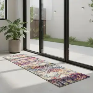 Photo of 7' Yellow And Blue Abstract Runner Rug