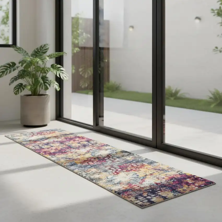 7' Yellow And Blue Abstract Runner Rug Photo 1