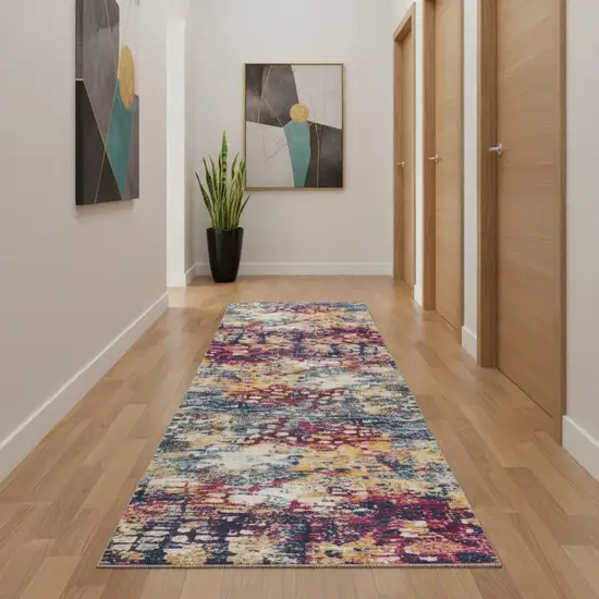 16' Yellow And Blue Abstract Runner Rug Photo 1