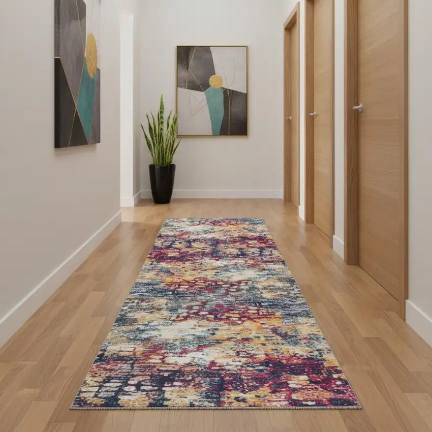 16' Yellow And Blue Abstract Runner Rug Photo 1