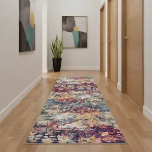 Photo of 16' Yellow And Blue Abstract Runner Rug