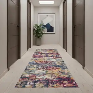 Photo of 14' Yellow And Blue Abstract Runner Rug